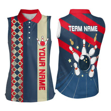 Load image into Gallery viewer, Personalized Red, white and blue Retro bowling Sleeveless Polo shirts for Women, Bowling Team Jerseys NQS9461