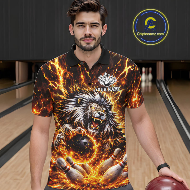Gold Lightning Thunder Angry Lion Bowling Polo, 1/4 Zip Shirt for Men Custom Lion Bowling Team jersey NQS11681