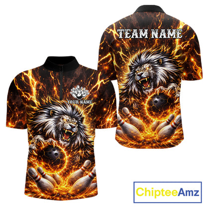 Gold Lightning Thunder Angry Lion Bowling Polo, 1/4 Zip Shirt for Men Custom Lion Bowling Team jersey NQS11681