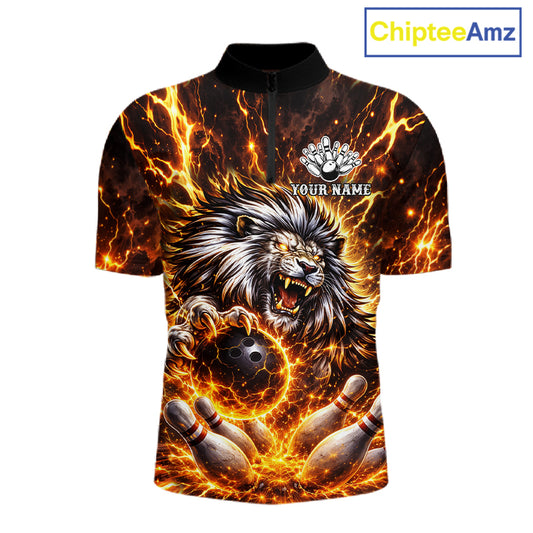 Gold Lightning Thunder Angry Lion Bowling Polo, 1/4 Zip Shirt for Men Custom Lion Bowling Team jersey NQS11681