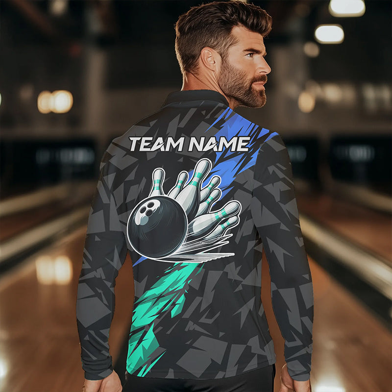 Personalized Black, Blue and Turquoise Camo Bowling Shirt For Men Custom Team Name Bowling Jerseys NQS9786