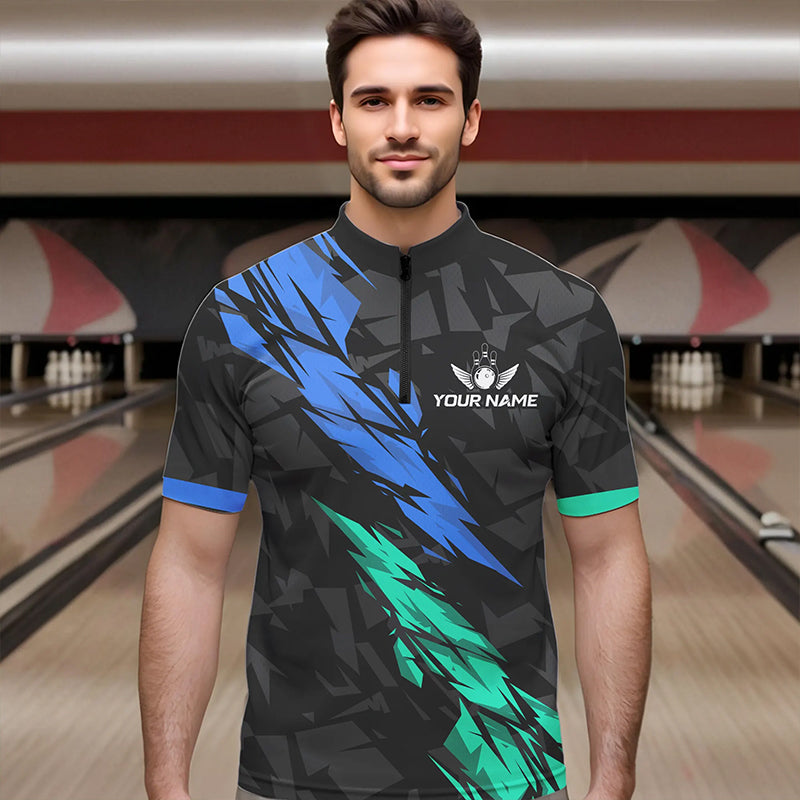 Personalized Black, Blue and Turquoise Camo Bowling Shirt For Men Custom Team Name Bowling Jerseys NQS9786