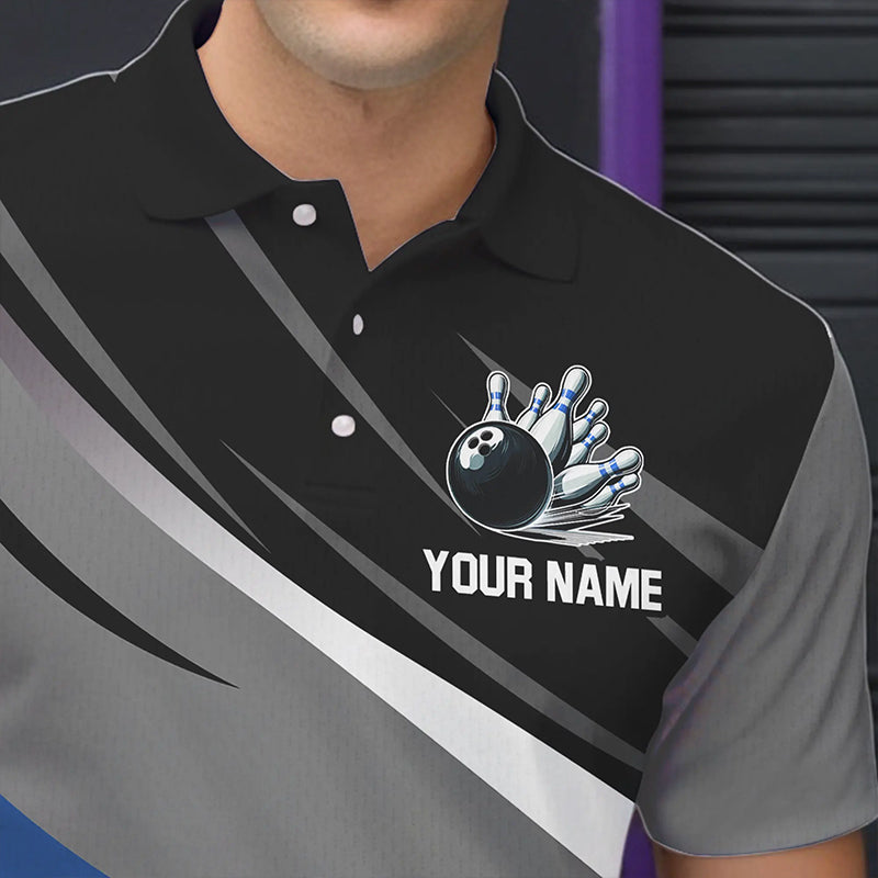 Personalized Black, Gray and Blue Bowling Shirts For Men, Bowling Balls And Pins Bowling Team Shirts NQS9784