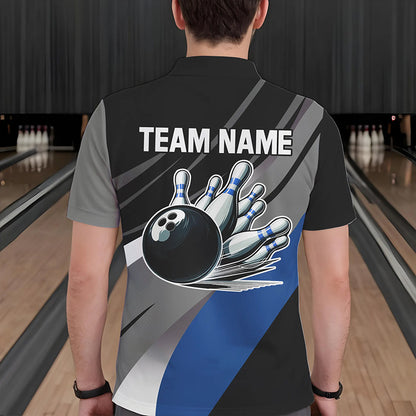 Personalized Black, Gray and Blue Bowling Shirts For Men, Bowling Balls And Pins Bowling Team Shirts NQS9784