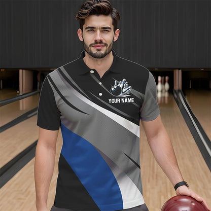 Personalized Black, Gray and Blue Bowling Shirts For Men, Bowling Balls And Pins Bowling Team Shirts NQS9784