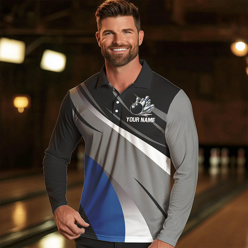 Personalized Black, Gray and Blue Bowling Shirts For Men, Bowling Balls And Pins Bowling Team Shirts NQS9784