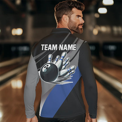 Personalized Black, Gray and Blue Bowling Shirts For Men, Bowling Balls And Pins Bowling Team Shirts NQS9784