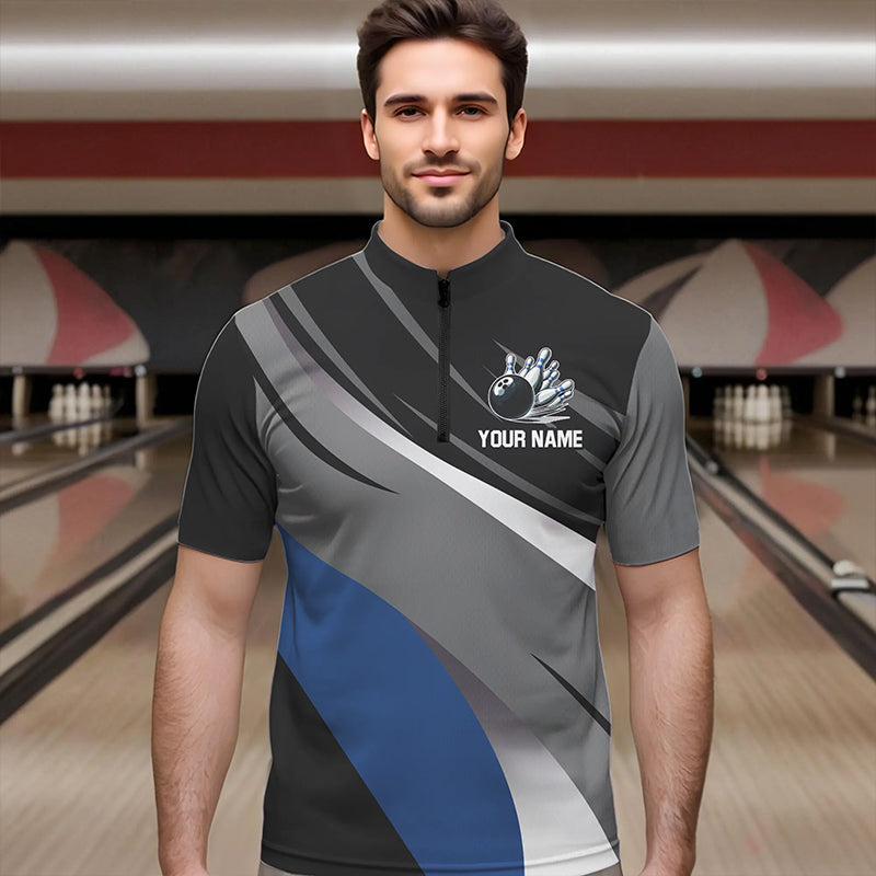 Personalized Black, Gray and Blue Bowling Shirts For Men, Bowling Balls And Pins Bowling Team Shirts NQS9784