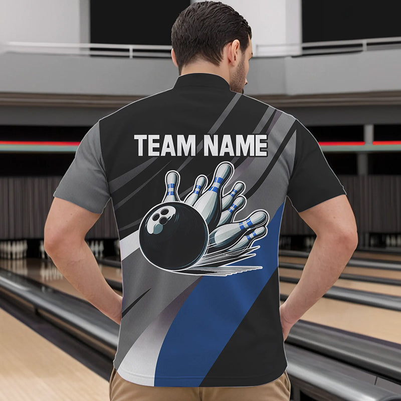 Personalized Black, Gray and Blue Bowling Shirts For Men, Bowling Balls And Pins Bowling Team Shirts NQS9784