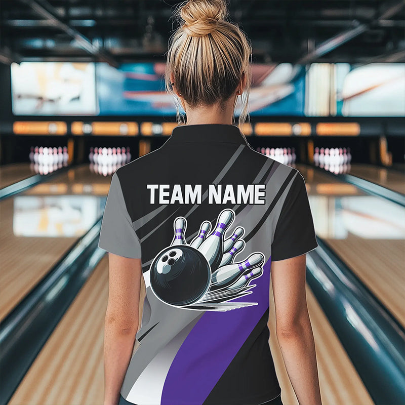 Personalized Black, Gray and Purple Bowling Shirt For Women, Bowling Ball And Pins Bowling Team Shirts NQS9785