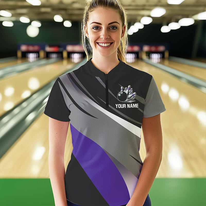 Personalized Black, Gray and Purple Bowling Shirt For Women, Bowling Ball And Pins Bowling Team Shirts NQS9785