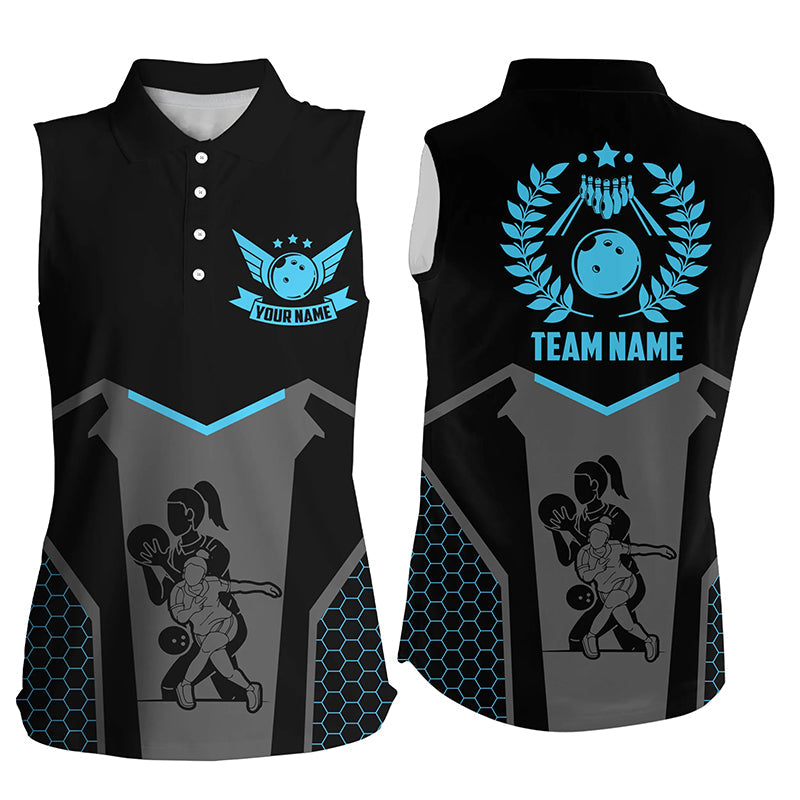 Black Bowling Jersey For Women Custom Retro Bowling Sleeveless Polo Shirt For Team Bowlers | Blue NQS7551