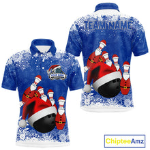 Load image into Gallery viewer, Mens bowling shirts Custom Funny Christmas snowflake Santa Bowling Ball pins Team Jersey | Blue NQS11142