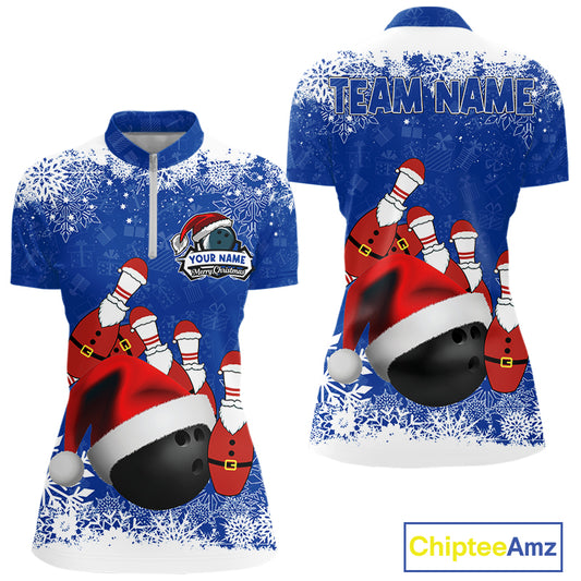Womens bowling shirts Custom Funny Christmas snowflake Santa Bowling Ball pins Team Jersey | Blue NQS11142