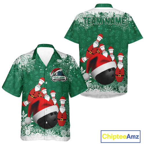 Bowling Hawaiian Shirt Custom Funny Christmas snowflake Santa Bowling Ball pins Team Jersey | Green NQS11143