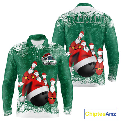 Mens bowling shirts Custom Funny Christmas snowflake Santa Bowling Ball pins Team Jersey | Green NQS11143
