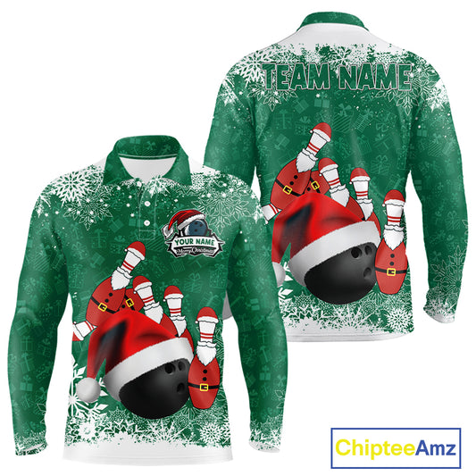 Mens bowling shirts Custom Funny Christmas snowflake Santa Bowling Ball pins Team Jersey | Green NQS11143
