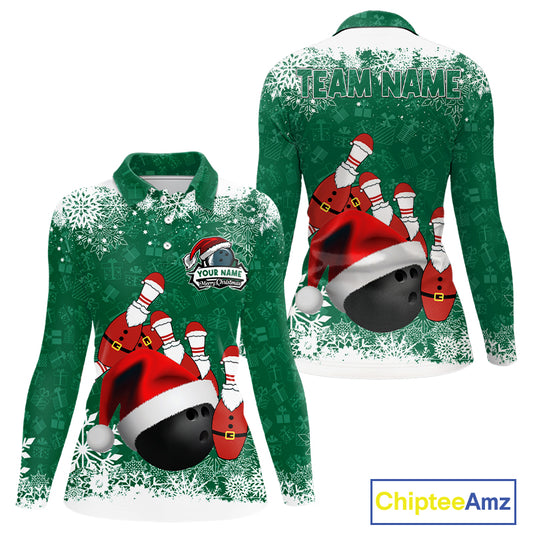 Womens bowling shirts Custom Funny Christmas snowflake Santa Bowling Ball pins Team Jersey | Green NQS11143