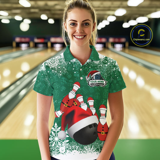 Womens bowling shirts Custom Funny Christmas snowflake Santa Bowling Ball pins Team Jersey | Green NQS11143