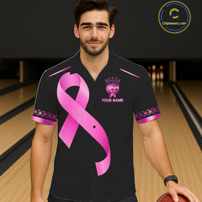 Black and Pink ribbon Breast Cancer Bowling ball Button-up Shirt Custom Hawaiian Bowling Team jerseys NQS11691