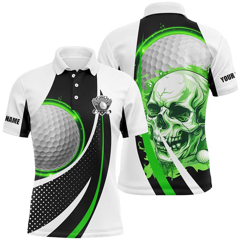 Black and white Golf Skull Mens golf polo shirt custom golf attire for men, gifts for golfer | Green NQS7950