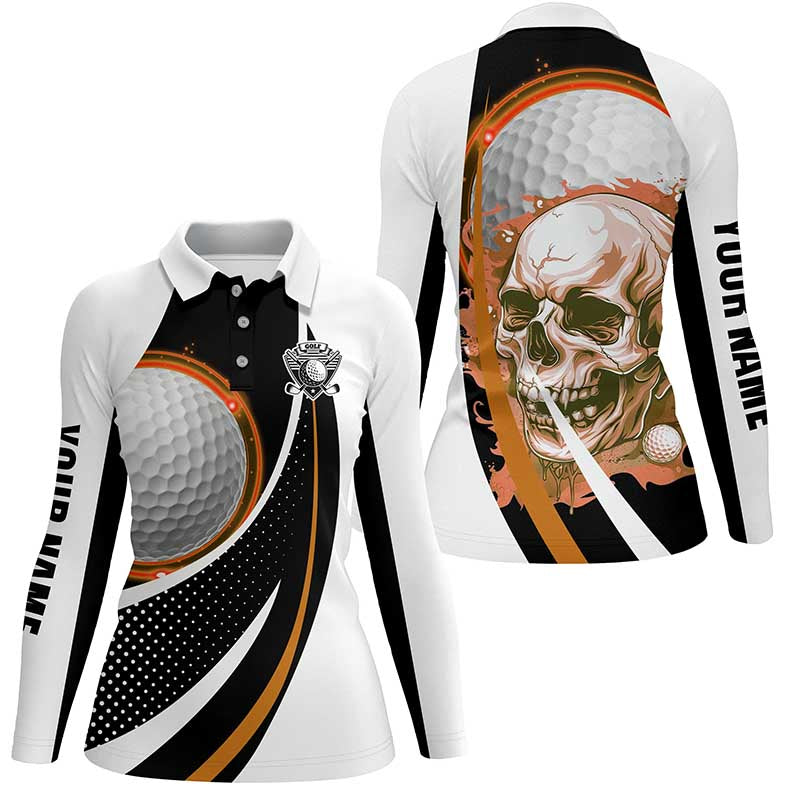 Black and white Golf Skull Womens golf polos shirts custom golf attire for ladies golfer gift | Orange NQS7951