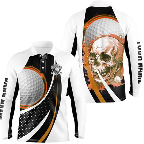 Black and white Golf Skull Mens golf polo shirt custom golf attire for men, gifts for golfer | Orange NQS7951