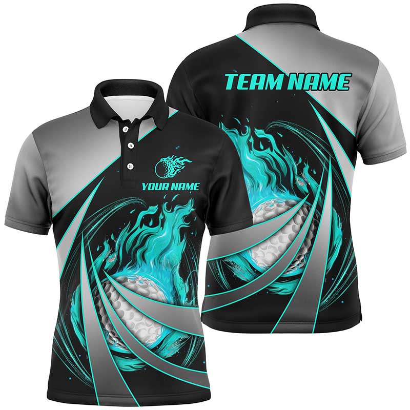 Mens golf polos shirts custom flame golf ball shirts for men, personalized golf gifts | Cyan Blue NQS7957