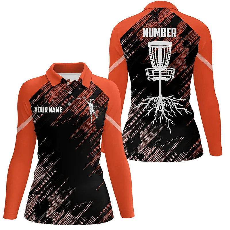 Orange Disc golf basket camo custom name & number Women disc golf polo shirts, disc golf outfit NQS9067
