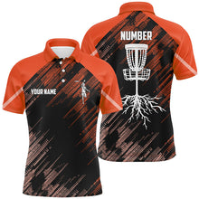 Load image into Gallery viewer, Orange Disc golf basket camo custom name &amp; number Men disc golf polo shirts, disc golf outfit NQS9067
