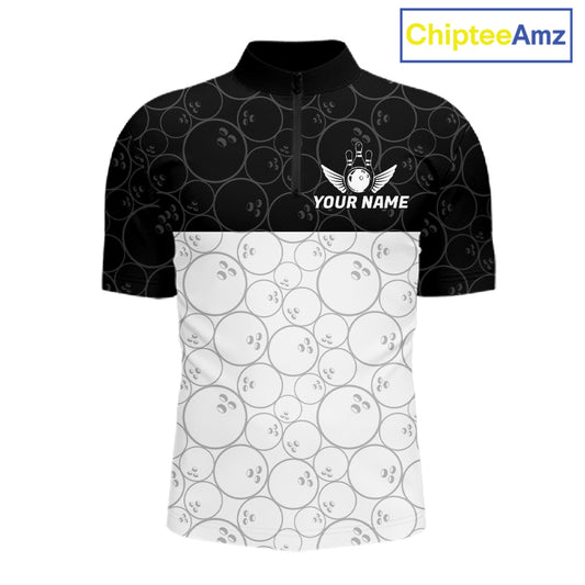 Black and White Bowling Camo Polo, 1/4 Zip Shirts for Men Custom Bowling Team League Bowlers Outfit NQS11701