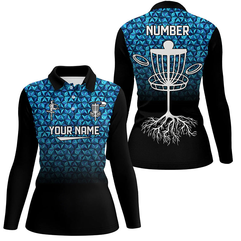 Womens golf polos shirts custom Blue diamond pattern disc golf basket jerseys, disc golf attire NQS7965