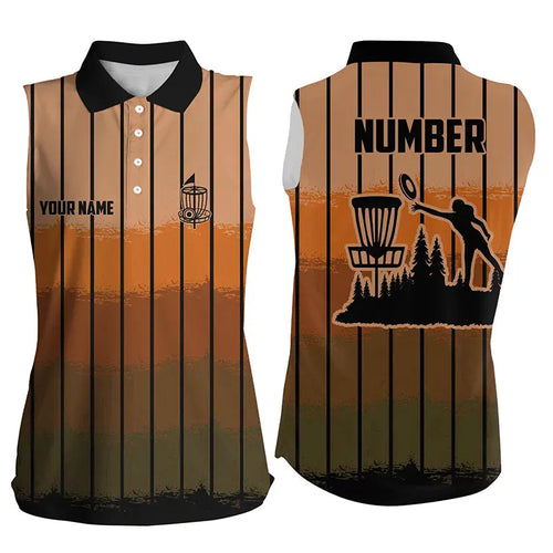 Orange stripe Retro disc golf sleeveless polo shirt custom name and number disc golf jerseys NQS9080