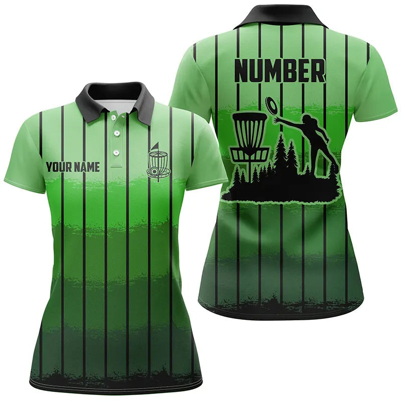 Green stripe Retro disc golf polo shirt for women custom name and number disc golf jerseys NQS9081