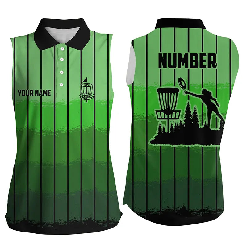 Green stripe Retro disc golf sleeveless polo shirt custom name and number disc golf jerseys NQS9081