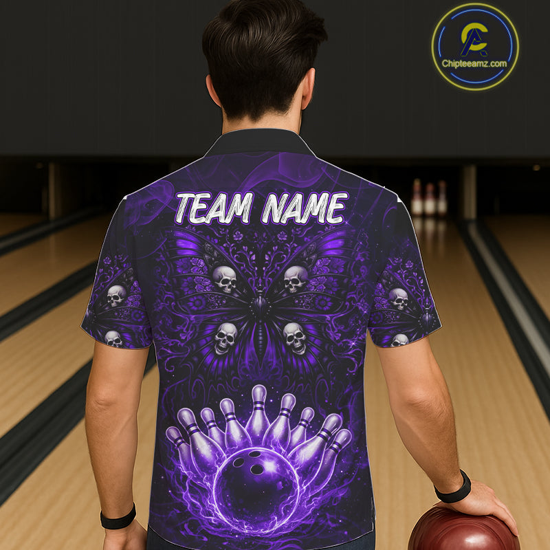 Custom Black & Purple bowling jersey Butterfly skull Bowling Team Shirts, button up bowling shirts NQS11367