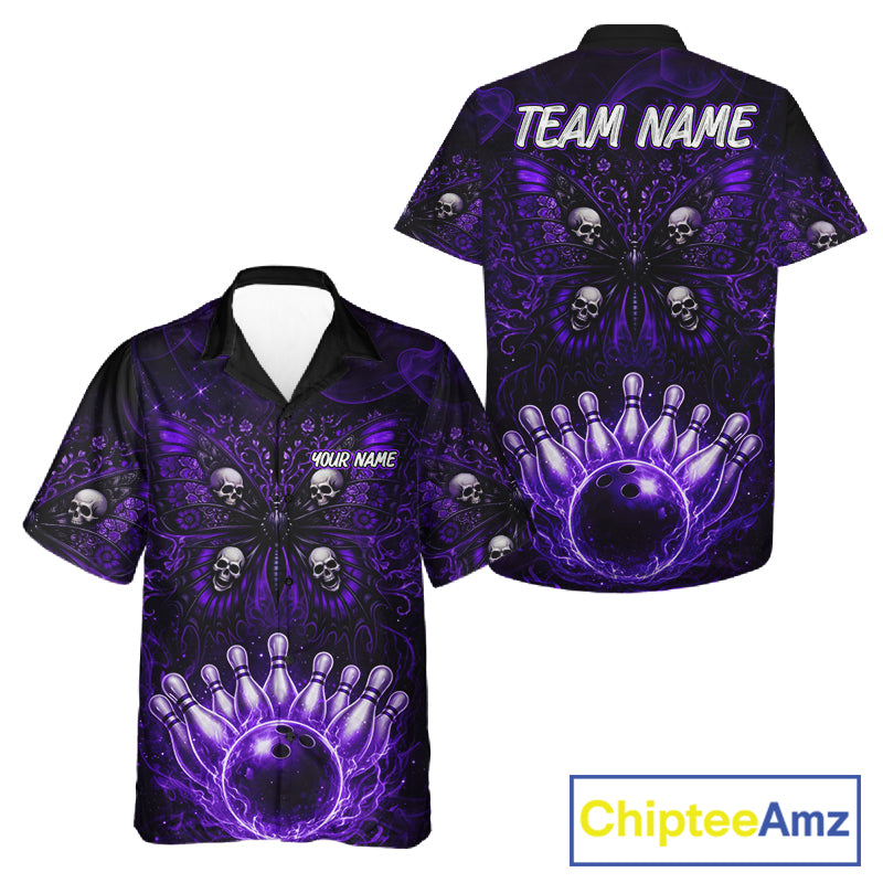 Custom Black & Purple bowling jersey Butterfly skull Bowling Team Shirts, button up bowling shirts NQS11367