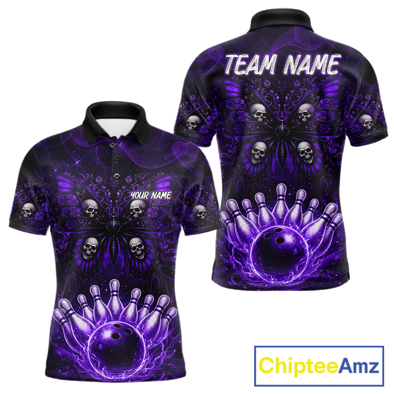 Personalized Black & Purple bowling jersey Butterfly skull Bowling Team Shirts, bowling gifts for men NQS11367