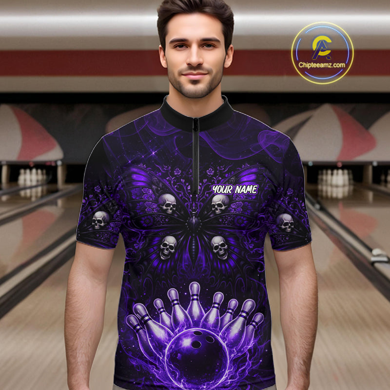 Personalized Black & Purple bowling jersey Butterfly skull Bowling Team Shirts, bowling gifts for men NQS11367