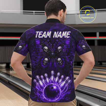 Personalized Black & Purple bowling jersey Butterfly skull Bowling Team Shirts, bowling gifts for men NQS11367