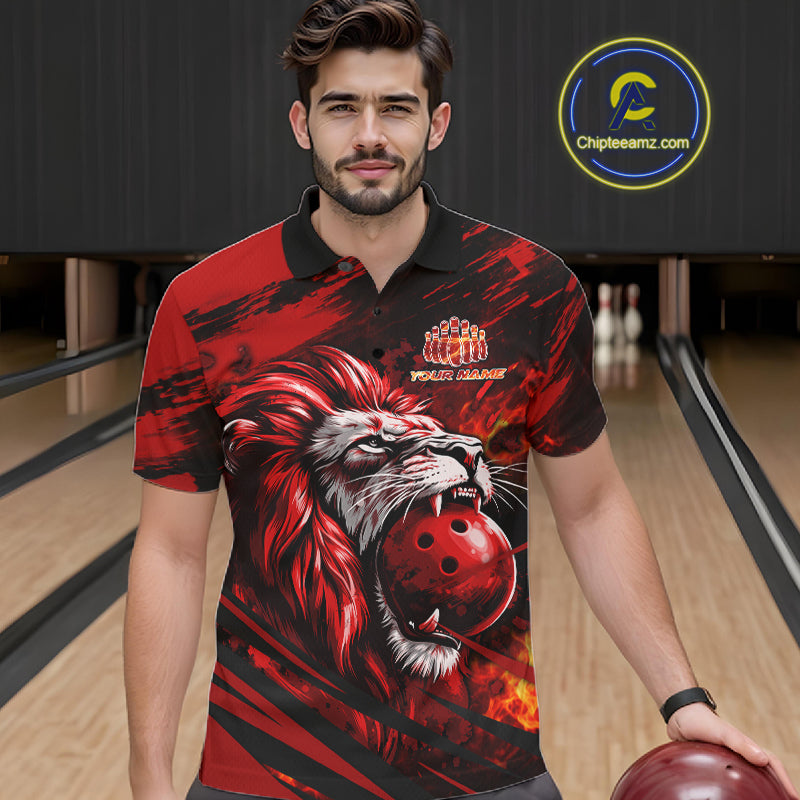 Black and Red Lion Bowling Polo, 1/4 Zip Jersey for Men, Lion Bowling Team League shirts NQS11572