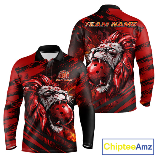 Black and Red Lion Bowling Polo, 1/4 Zip Jersey for Men, Lion Bowling Team League shirts NQS11572