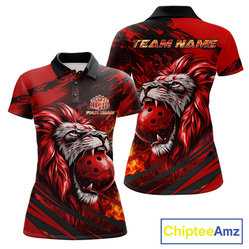 Black and Red Lion Bowling Polo, 1/4 Zip Jersey for Women, Lion Bowling Team League shirts NQS11572