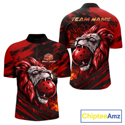 Black and Red Lion Bowling Polo, 1/4 Zip Jersey for Men, Lion Bowling Team League shirts NQS11572