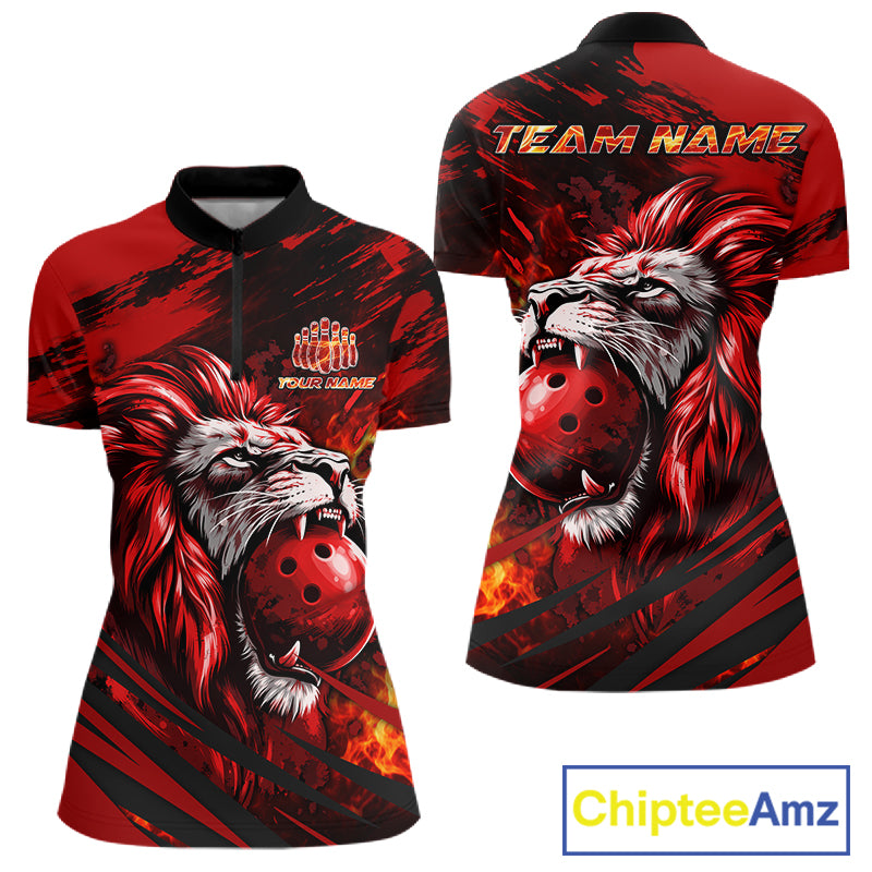 Black and Red Lion Bowling Polo, 1/4 Zip Jersey for Women, Lion Bowling Team League shirts NQS11572