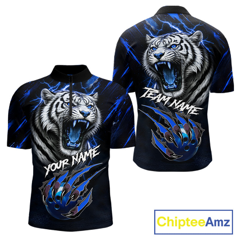 Black & Blue Lightning Thunder Tiger Bowling Polo, 1/4 zip shirts for men custom team Bowling jerseys NQS11575