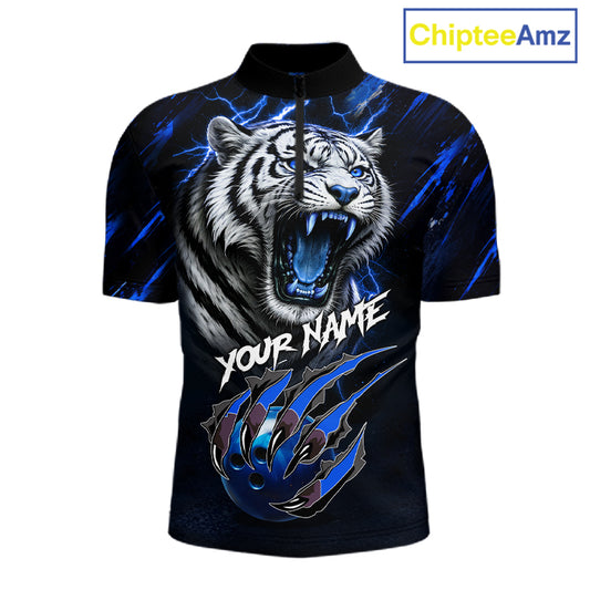 Black & Blue Lightning Thunder Tiger Bowling Polo, 1/4 zip shirts for men custom team Bowling jerseys NQS11575