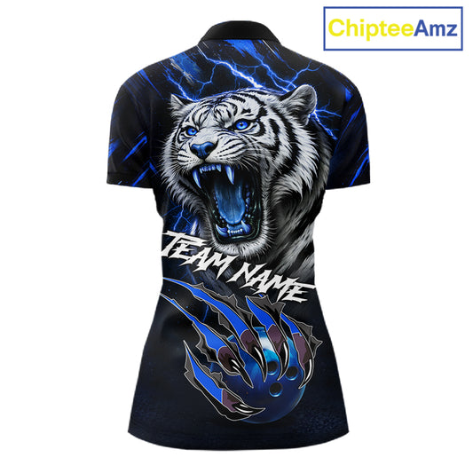 Black & Blue Lightning Thunder Tiger Women Bowling Polo, 1/4 zip shirts custom team Bowling jerseys NQS11575
