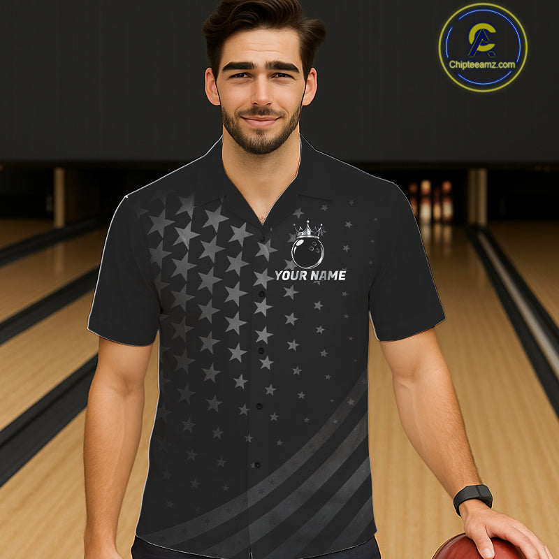 Custom Black American Flag Bowling Team Button-up Shirt, Personalized patriotic Bowling Shirts NQS11706