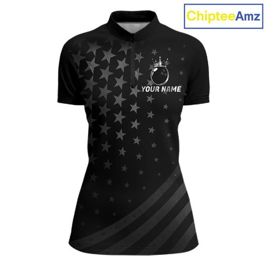 Custom Black American Flag Bowling Team Shirts For Women, Personalized patriotic Bowling League Shirt NQS11706